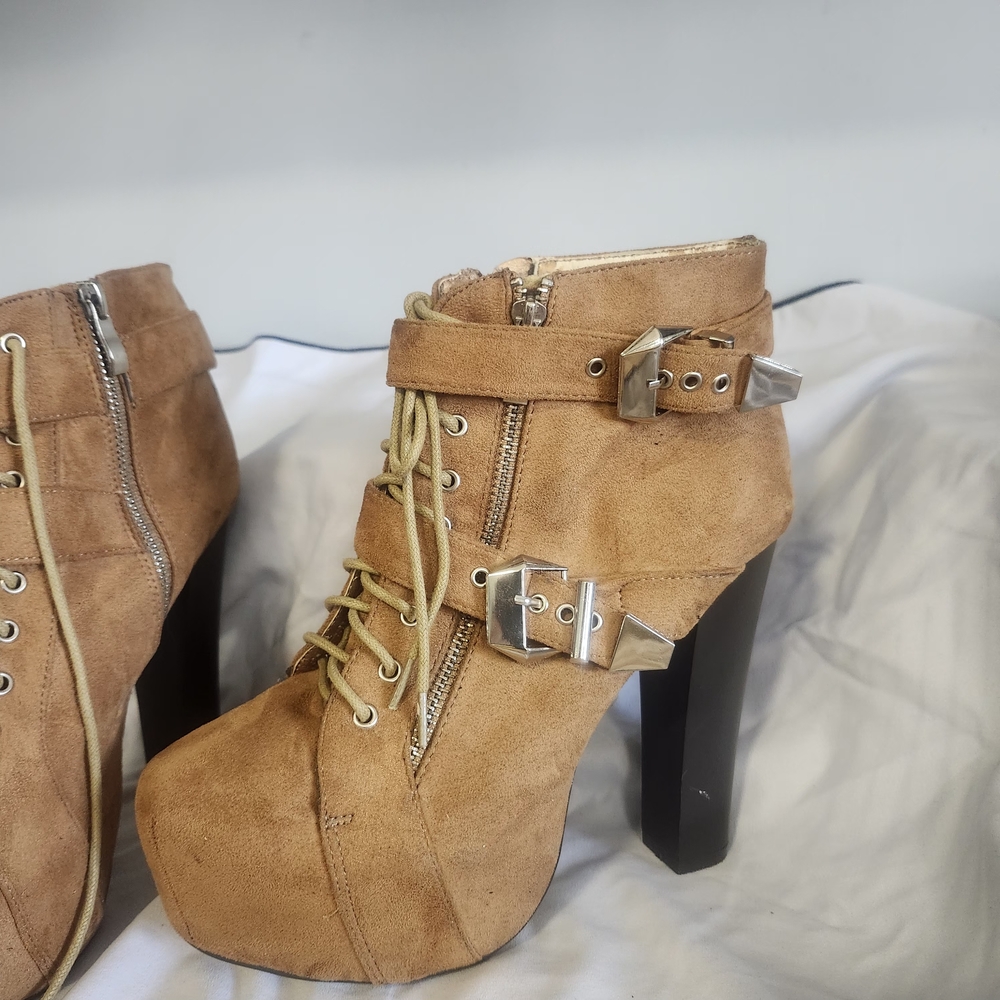 Delicacy Tan Heeled Boots with Buckle and Lace-Up Design